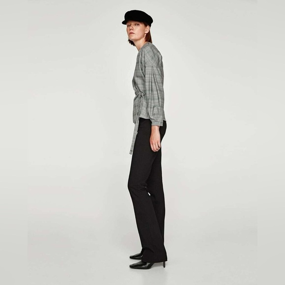 ZARA | Black and White Checkered Wrap Blouse Top Blazer with Puff Sleeves - Picture 15 of 16